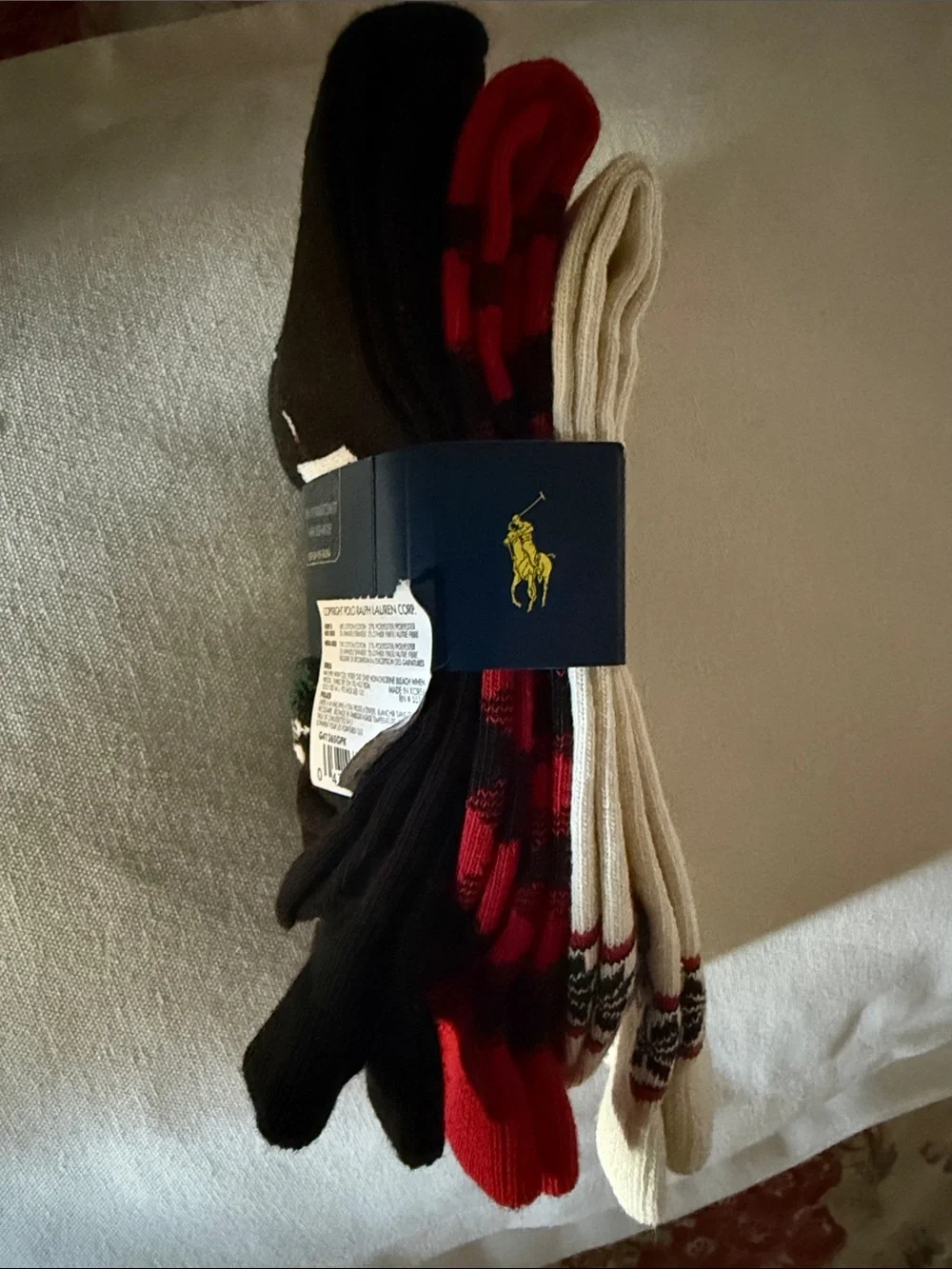 Polo by Ralph Lauren Cream Holiday Pattern Socks with Red, Navy & Gold Accents